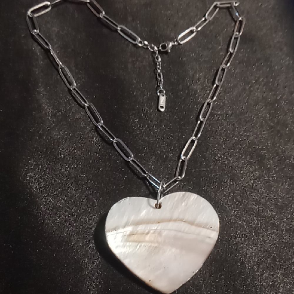 Abalone Shell Silver Heart Pendant Necklace On 316 Stainless Paperclip Chain